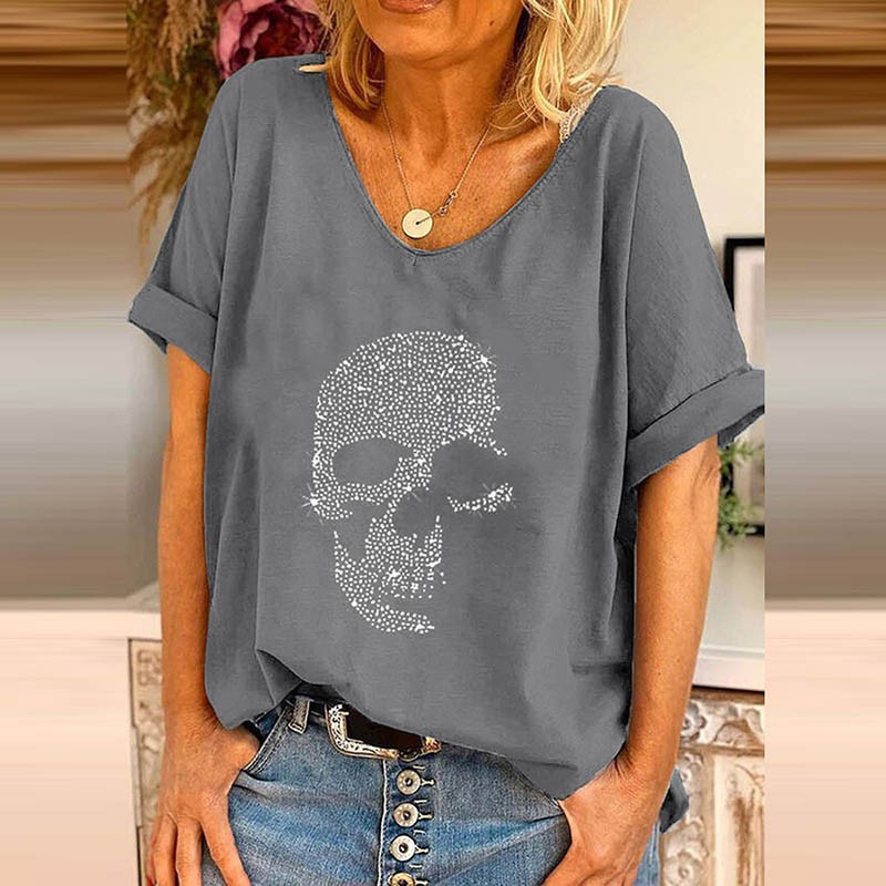 T-shirt à manches courtes col V pour femme imprimé tête de mort en strass gris clair