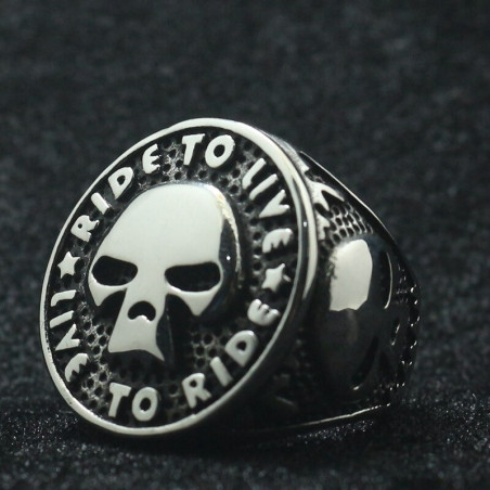 Bague Motard Acier Inoxydable 316L Motif de Crâne Ride to Live Live to Ride argent