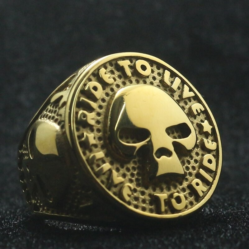 Bague Motard Acier Inoxydable 316L Motif  Crâne Ride to Live Live to Ride  OR