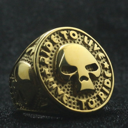 Bague Motard Acier Inoxydable 316L Motif  Crâne Ride to Live Live to Ride  OR
