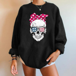 Sweatshirt imprimé tête de mort femme avec gros noeud à manches longues et col rond black