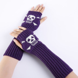 Gants mitaines pour femmes motif crâne tricoté violet