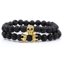 Bracelet Tête de Mort en pierre de lave naturelle et Skull strass