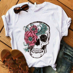 Magnifique T-shirt manches courtes col rond pour femme tête de mort avec coquelicot blanc