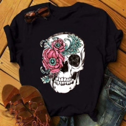 T-shirt manches courtes col rond pour femme tête de mort avec coquelicot noir