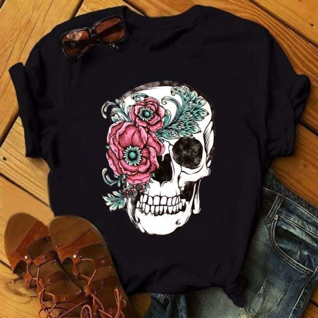T-shirt manches courtes col rond pour femme tête de mort avec coquelicot noir
