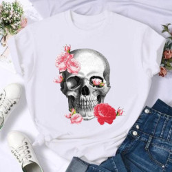 Magnifique T-Shirt à imprimé de crâne avec roses rouges pour femme modele 1