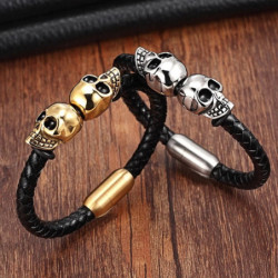 Bracelet en Cuir Tressé Double Têtes de Mort Unies pour Homme