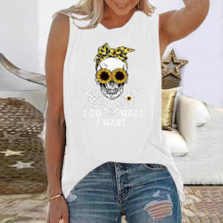 T-shirt col Femme haut sans manches motif tête de mort et inscription I Do What I Want blanc