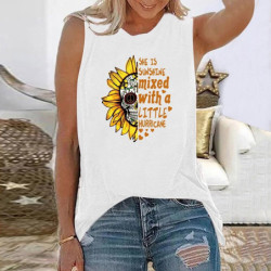 T-shirt femme sans manches tête de mort et tournesol blanc