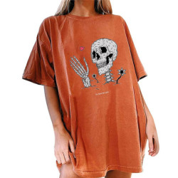 T-shirt à manches mi-longues avec motif de crâne squelette et coeur