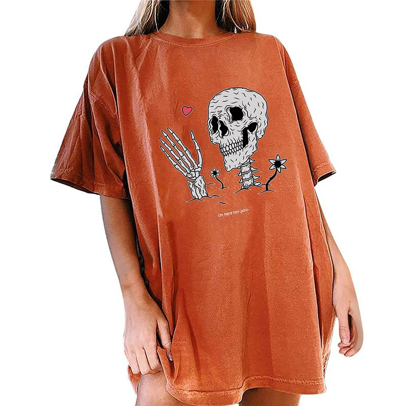 T-shirt à manches mi-longues avec motif de crâne squelette et coeur
