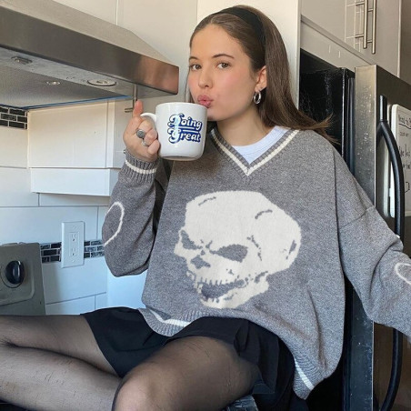 Pull tricoté impression de crâne tête de mort pour Femme gris