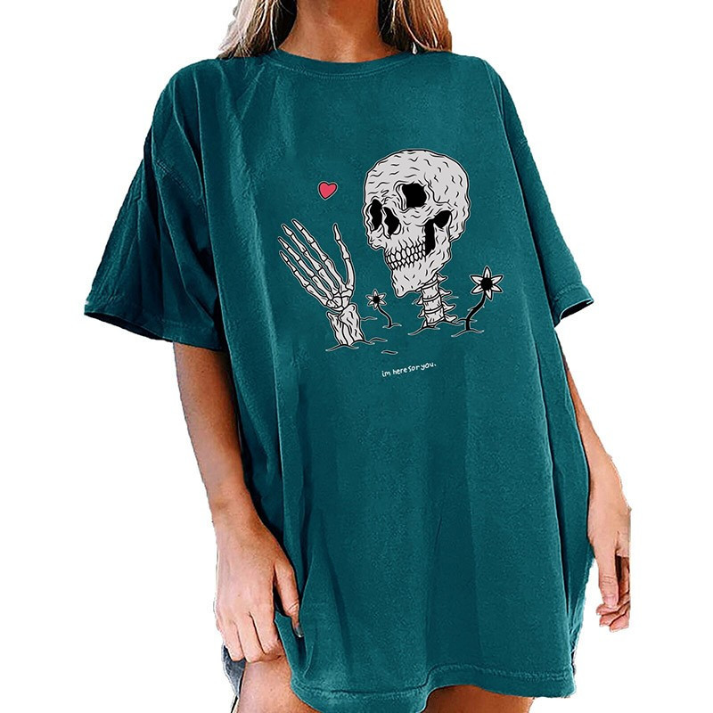 T-shirt à manches mi-longues avec motif de crâne squelette et coeur
