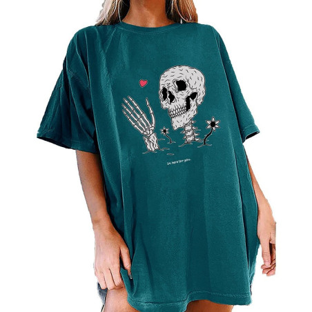 T-shirt à manches mi-longues avec motif de crâne squelette et coeur