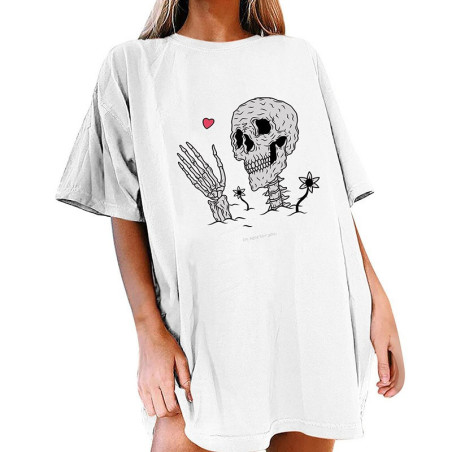 T-shirt à manches mi-longues avec motif de crâne squelette et coeur