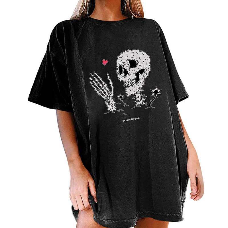 T-shirt à manches mi-longues avec motif de crâne squelette et coeur