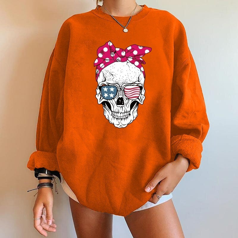 Sweatshirt femme imprimé tête de mort avec noeud à manches longues