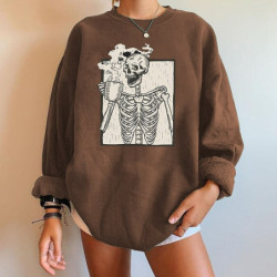 Sweatshirt à motif squelette crâne buvant un café à manches longues