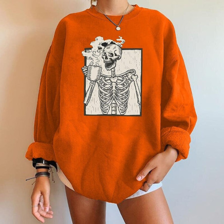 Sweatshirt à motif squelette crâne buvant un café à manches longues