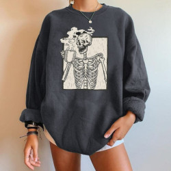Sweatshirt à motif squelette crâne buvant un café à manches longues