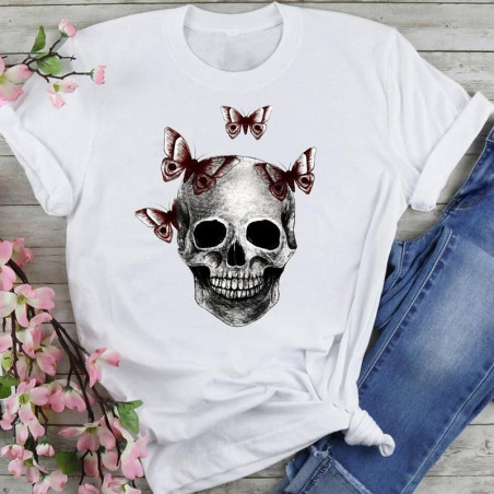 Tee shirt à manches courtes pour femme motif tête de mort et papillon