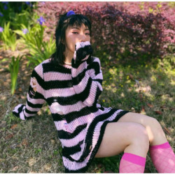 Pull  gothique tricoté rayé ajouré, ample pour femmes rose clair long