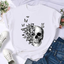 Tee shirt pour Femmes motifs Crâne tête de mort et vol de papillons