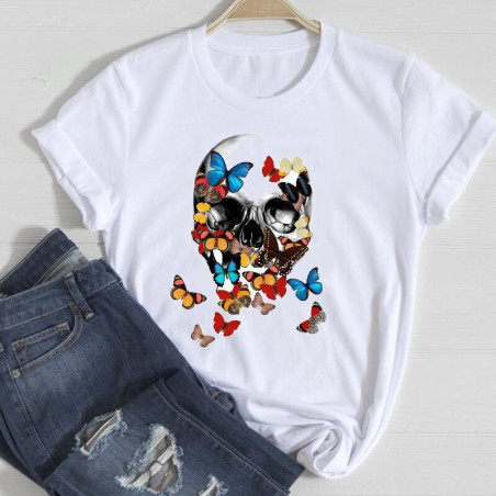 T-Shirt pour femme motif tête de mort et papillon multicolore -