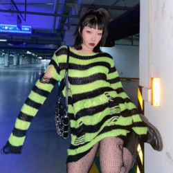 Pull  gothique tricoté rayé ajouré, ample pour femmes vert long