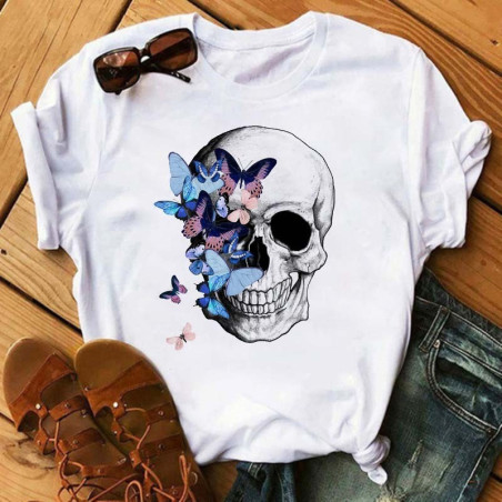 T-Shirt pour femme motif tête de mort et papillon multicolore -