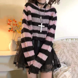 Pull  gothique tricoté rayé ajouré, ample pour femmes rose  modele court