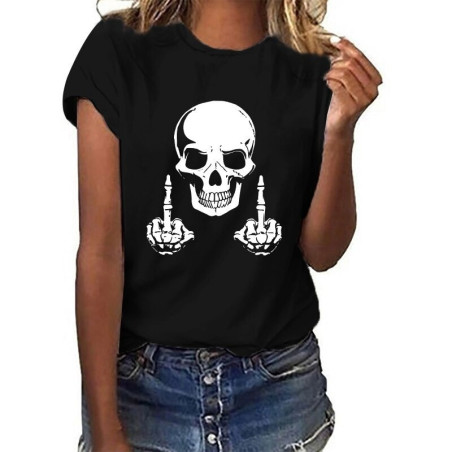 T-shirt tête de mort et doigt d'honneur à manches courtes pour femme !