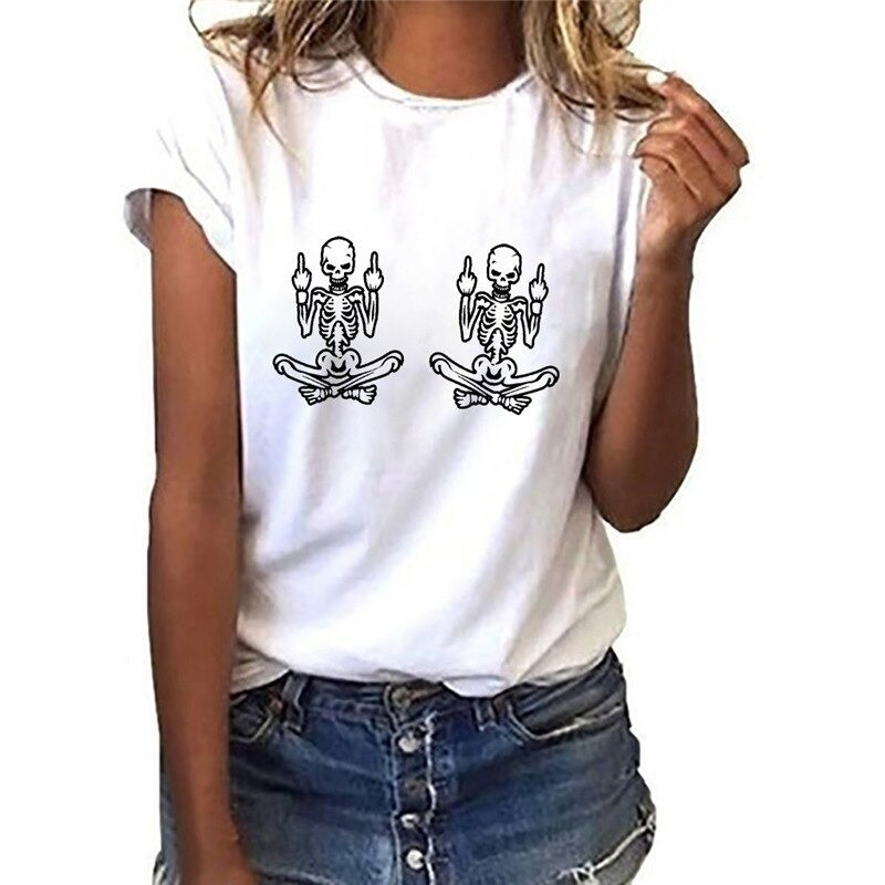 T-shirt tête de mort et doigt d'honneur à manches courtes pour femme !
