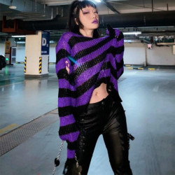 Pull  gothique tricoté rayé ajouré, ample pour femmes violet modele court