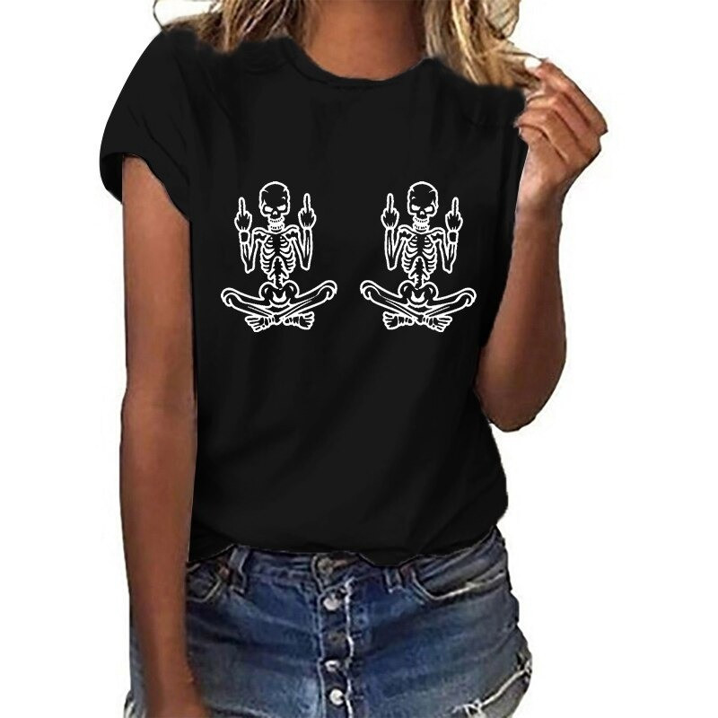 T-shirt tête de mort et doigt d'honneur à manches courtes pour femme !
