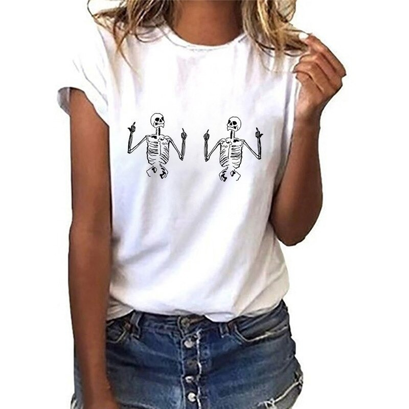 T-shirt tête de mort et doigt d'honneur à manches courtes pour femme !