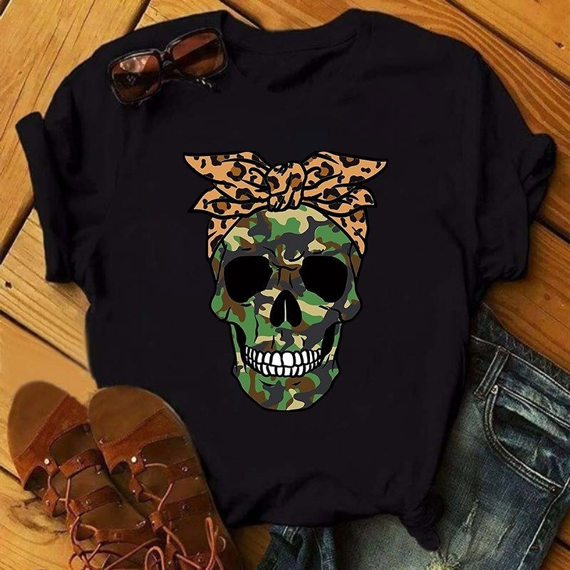 T-shirt tête de mort avec bandana pour femme - 7 modèles et 2 couleurs