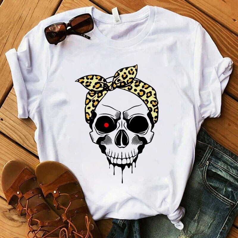 T-shirt tête de mort avec bandana pour femme - 7 modèles et 2 couleurs