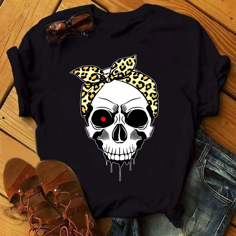 T-shirt tête de mort avec bandana pour femme - 7 modèles et 2 couleurs