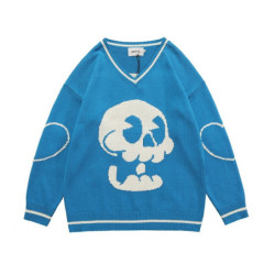 Pull Tricoté Tête de mort Cartoon en Coton pour femme couleur bleu