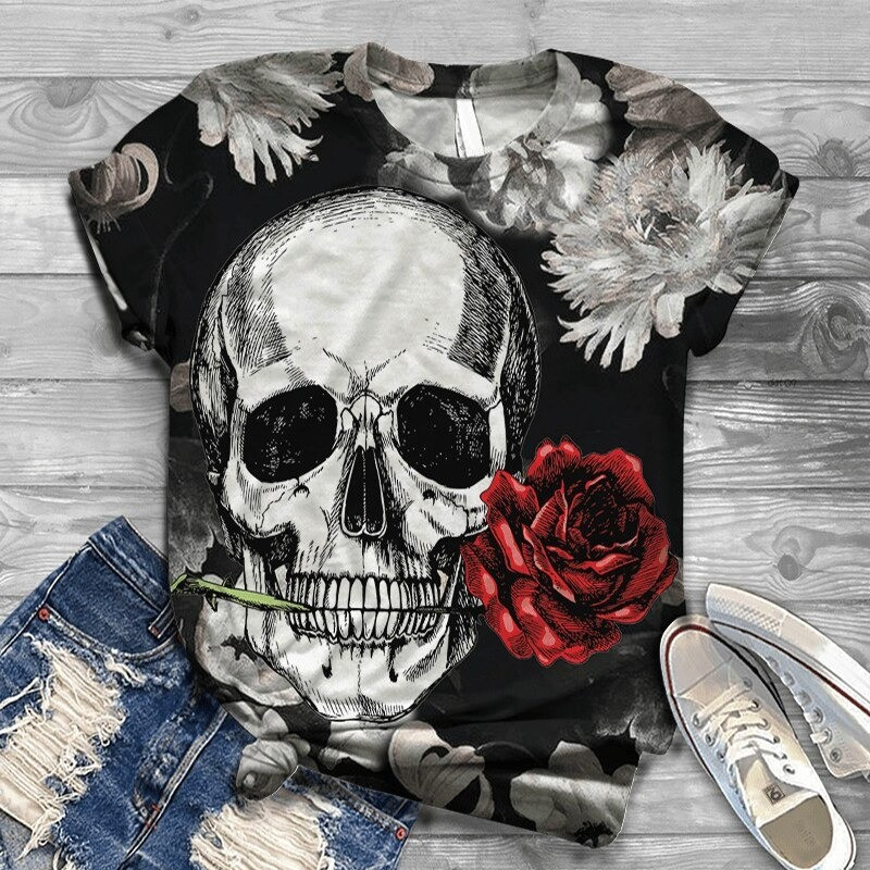 T-Shirt motifs tête de mort colorées et fleuries - 7 modèles au choix