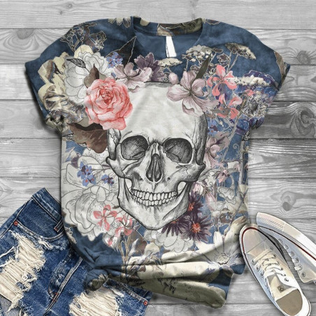 T-Shirt motifs tête de mort colorées et fleuries - 7 modèles au choix