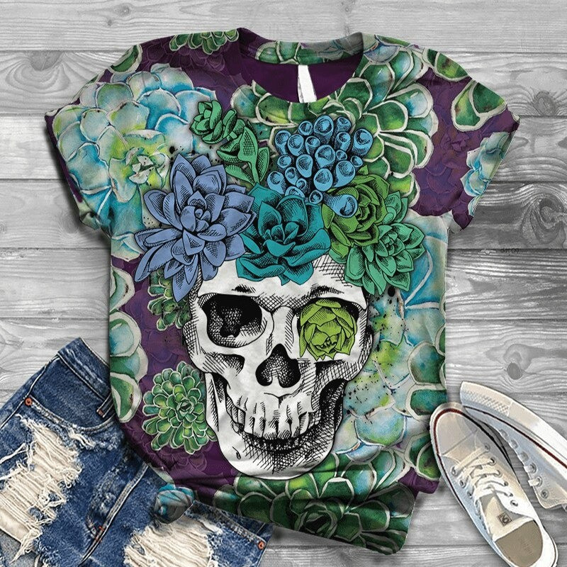 T-Shirt motifs tête de mort colorées et fleuries - 7 modèles au choix