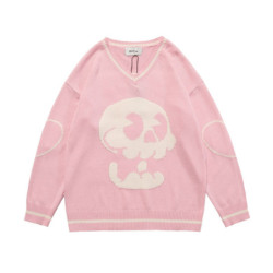 Pull Tricoté Tête de mort Cartoon en Coton pour femme couleur rose