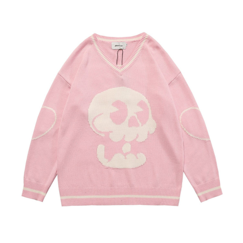 Pull Tricoté Tête de mort Cartoon en Coton pour femme couleur rose