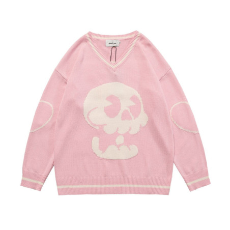 Pull Tricoté Tête de mort Cartoon en Coton pour femme couleur rose