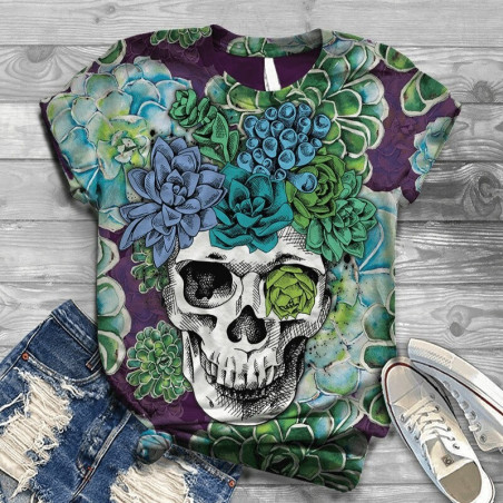 T-Shirt motifs tête de mort colorées et fleuries - 7 modèles au choix