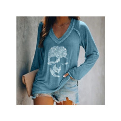 T-shirt à manches longues et col en v pour femme motif crâne strass bleu