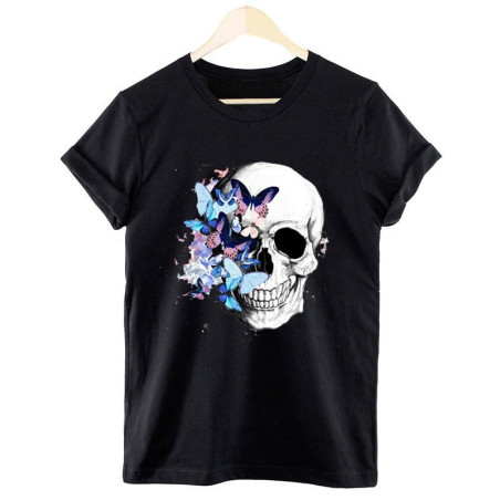 T-shirt crâne avec Papillons et Fleurs colorées - 9 modèles au choix !